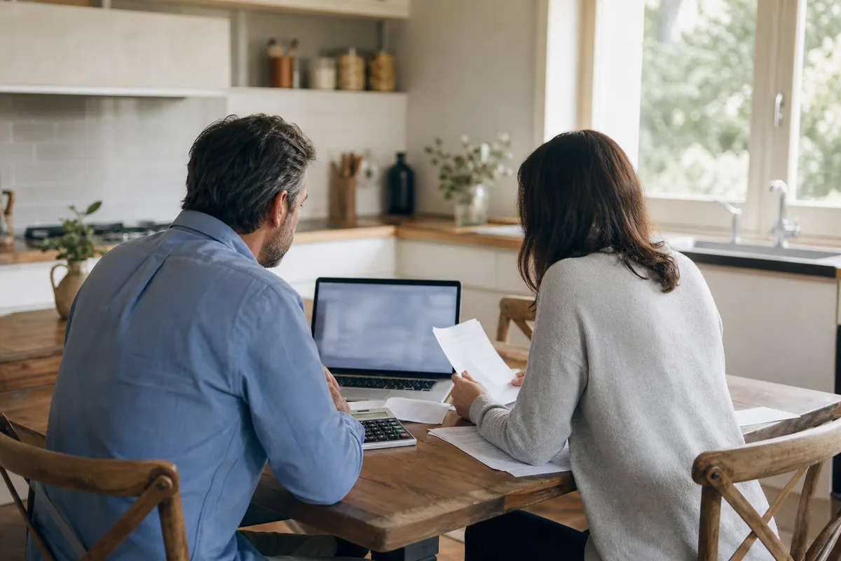 Parents attablés dans une cuisine devant un ordinateur portable et des relevés de comptes