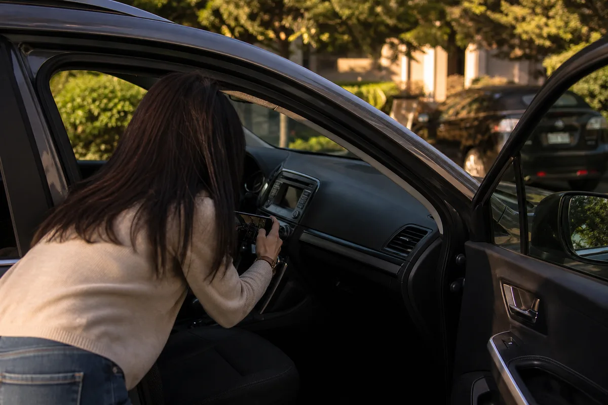 Femme photographiant le compteur de sa voiture avec un smartphone dans un parking résidentiel