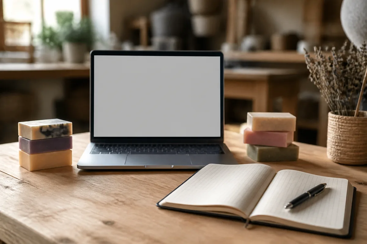 Poste de travail d&rsquo;atelier avec ordinateur portable ouvert, savons empilés et carnet de comptes annoté