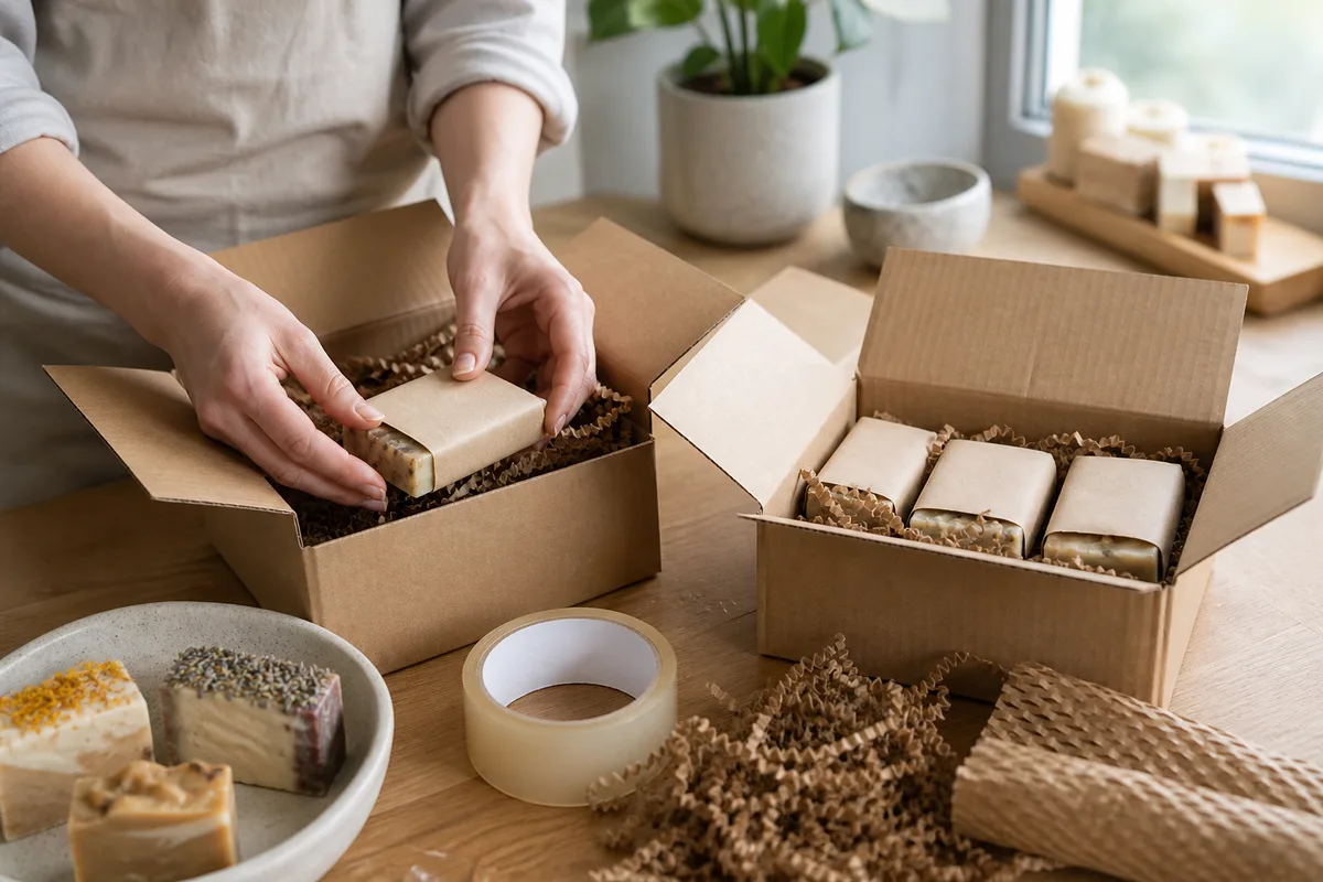 Cartons d&rsquo;expédition ouverts sur un plan de travail clair avec savons emballés dans du papier kraft