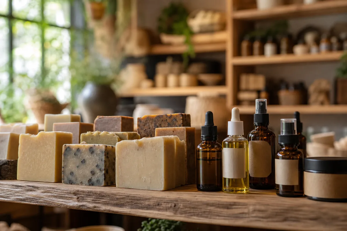 Savons solides et flacons de soins naturels alignés sur une étagère en bois