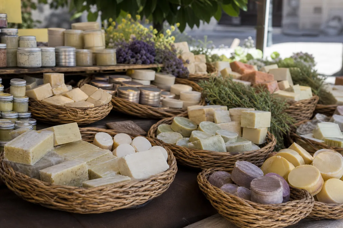 Étal de marché avec savons artisanaux et cosmétiques naturels présentés en vrac