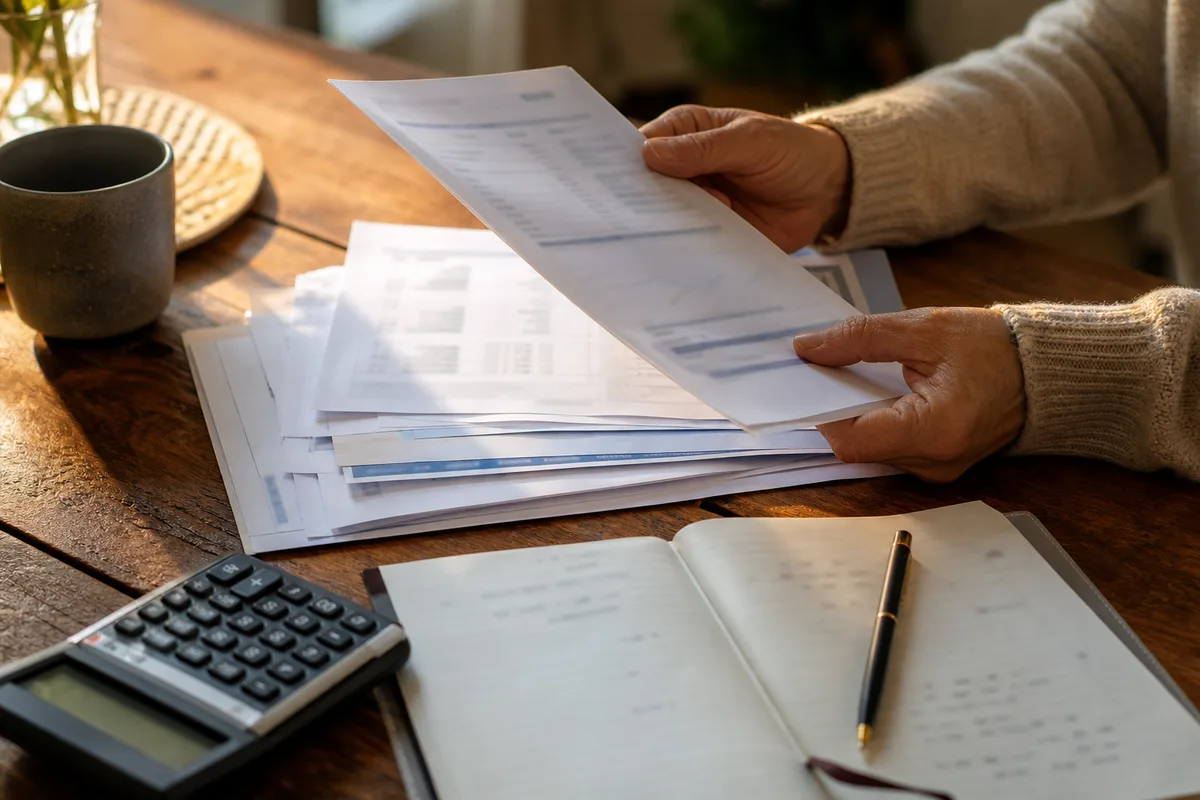 Documents d&rsquo;épargne, calculatrice et carnet posés sur une table familiale
