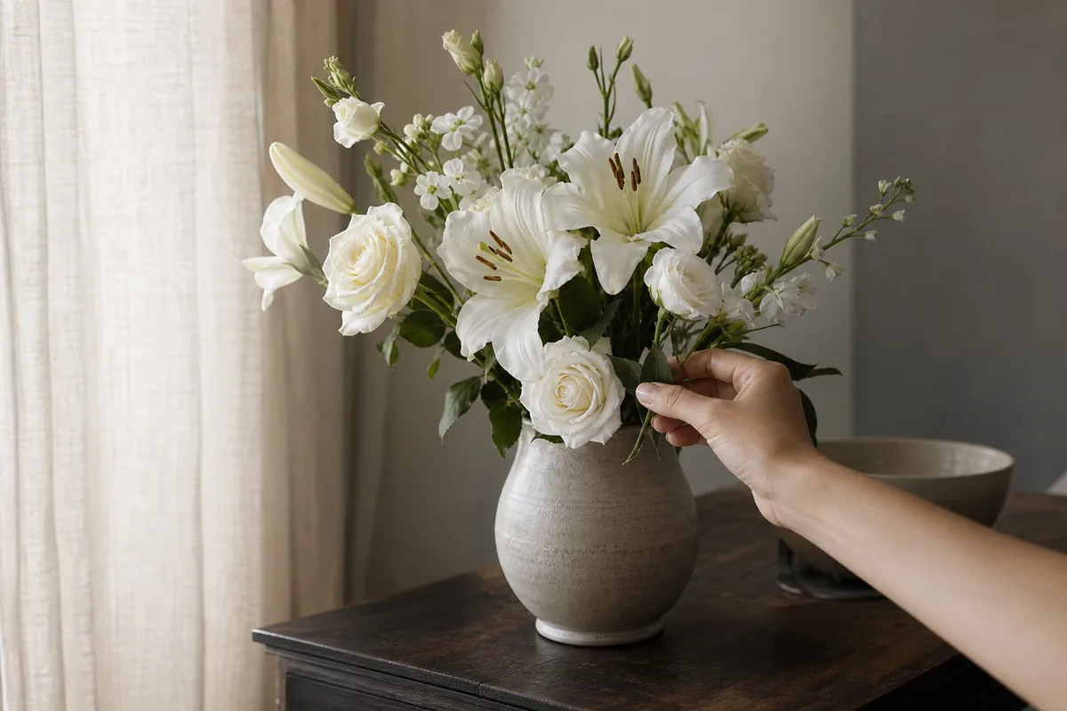 Bouquet de fleurs blanches sur une table en bois dans un intérieur sobre