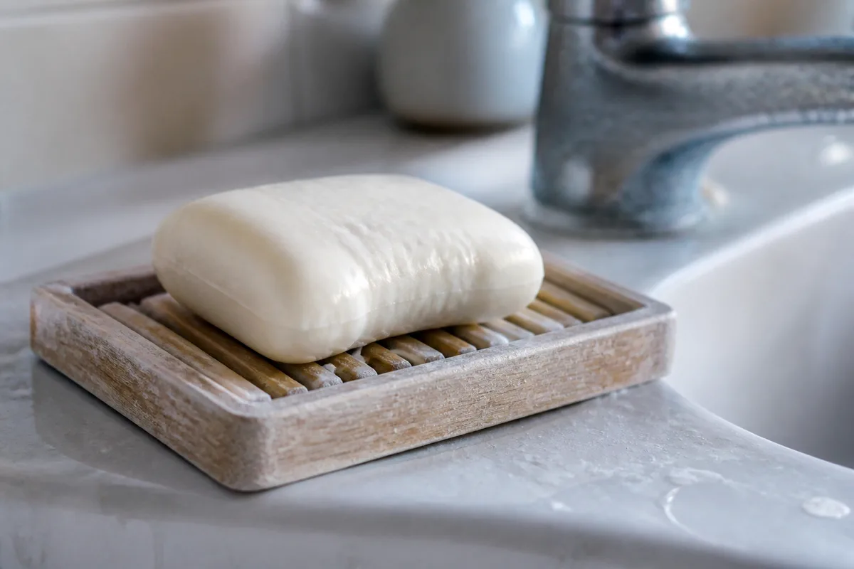 Pain de savon posé sur un porte-savon en bois avec traces de calcaire dans une salle de bain