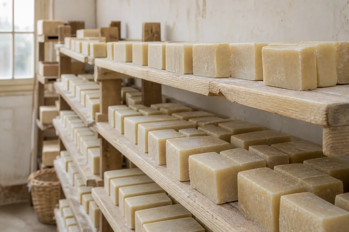 Blocs de savon en cours de cure sur des étagères en bois dans un atelier de savonnerie