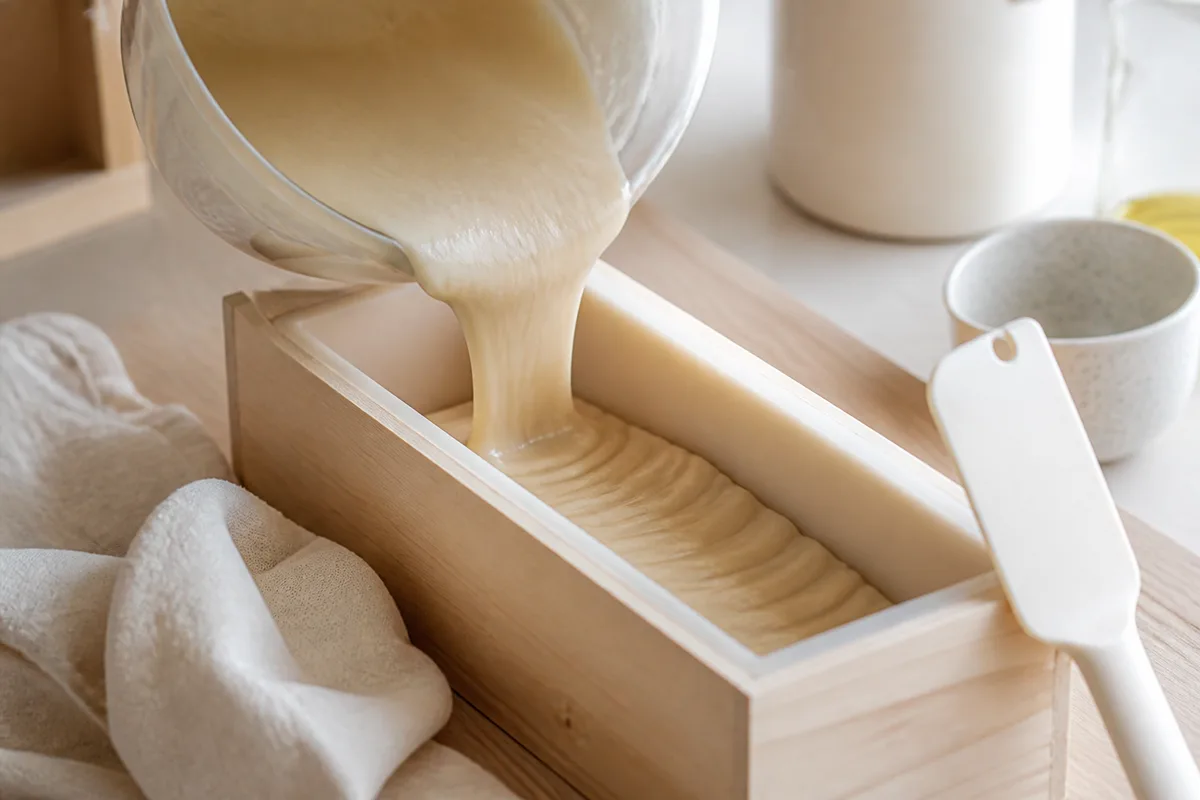 Pâte de savon coulée dans un moule en bois, atelier de savonnerie