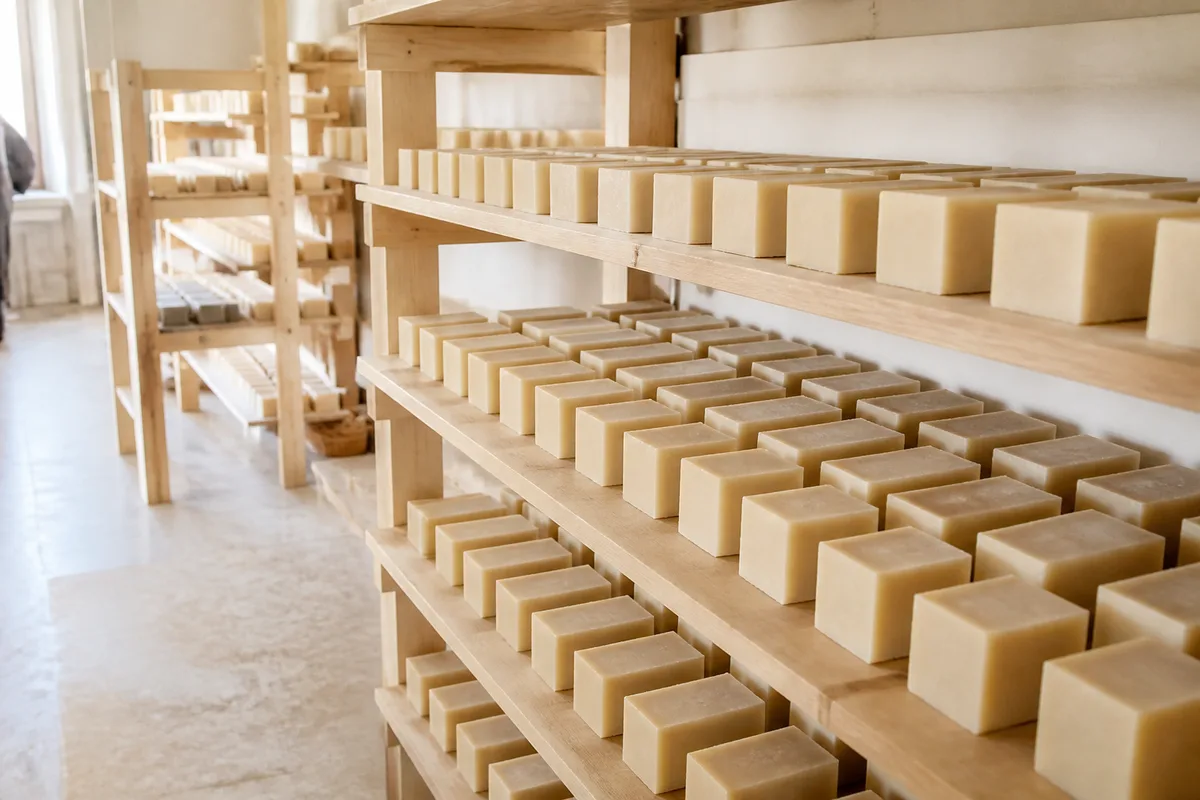 Pains de savon en cure sur des claies en bois dans un local ventilé