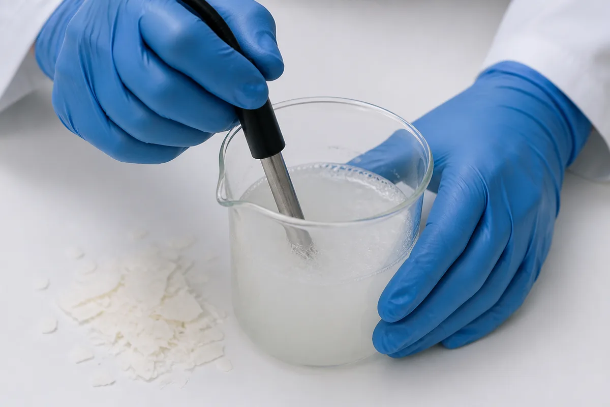 Mains gantées mesurant le pH d&rsquo;un savon dilué avec une sonde de laboratoire