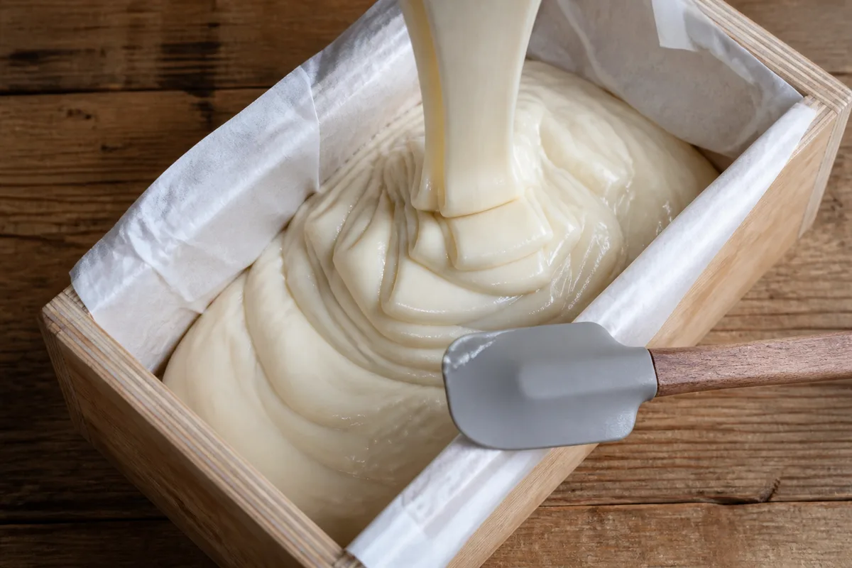 Pâte à savon versée dans un moule en bois, texture épaisse et spatule posée à côté