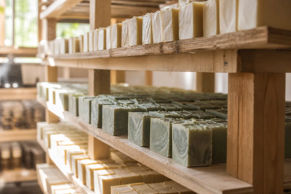 Pains de savon en cure alignés sur une étagère en bois