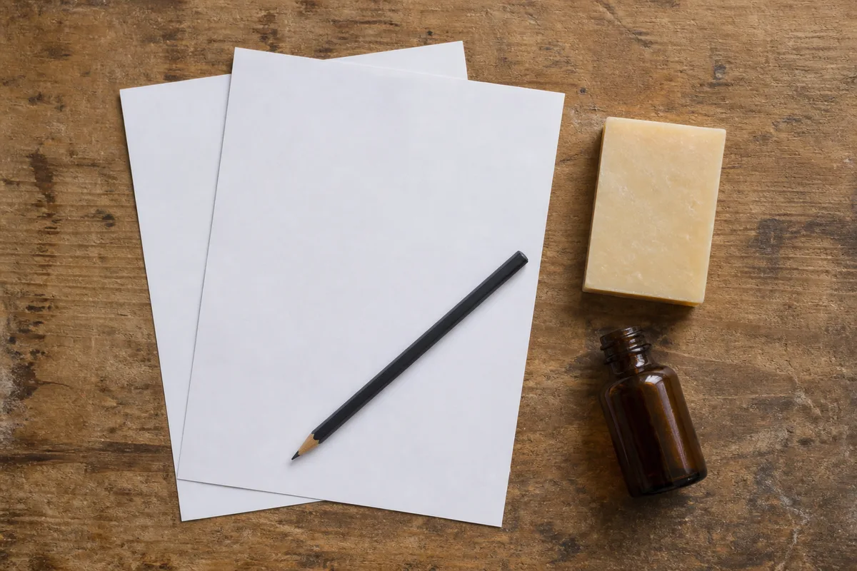 Feuilles de papier vierges et pain de savon posés sur un établi d&rsquo;atelier avec un crayon