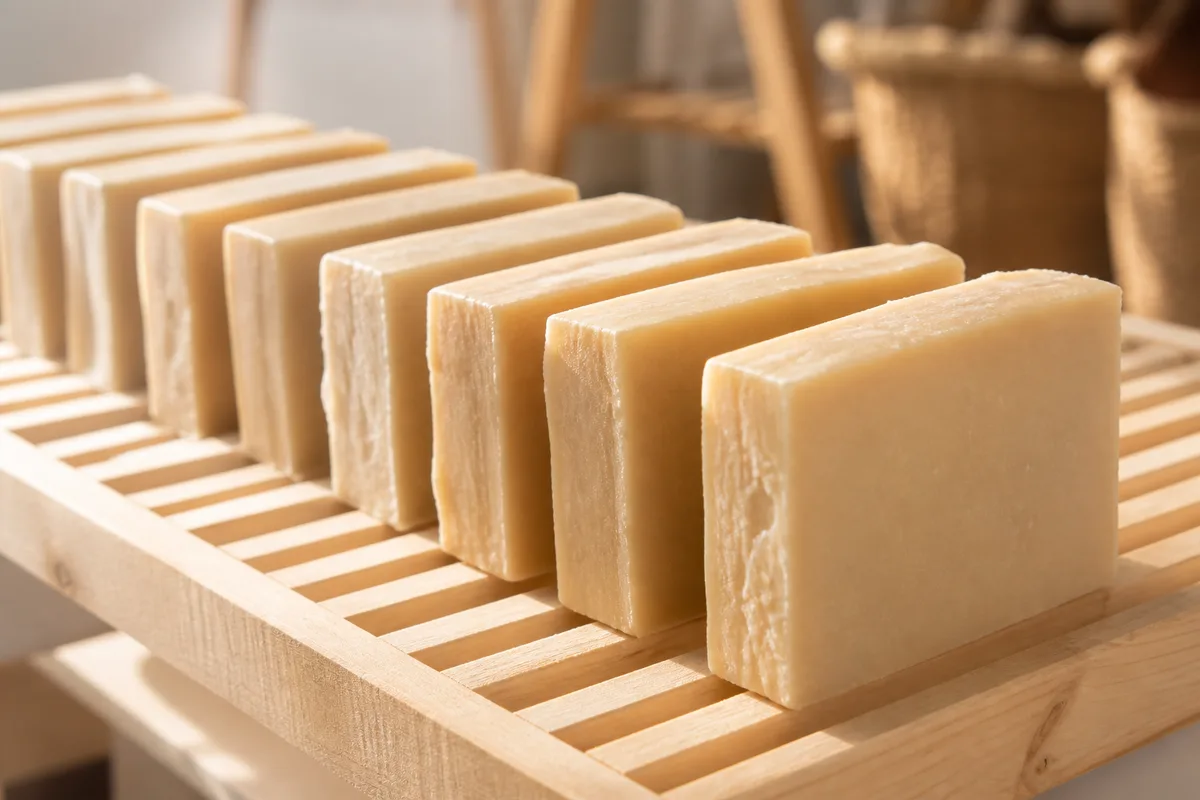 Pains de savon fraîchement découpés alignés sur une grille de séchage en bois clair