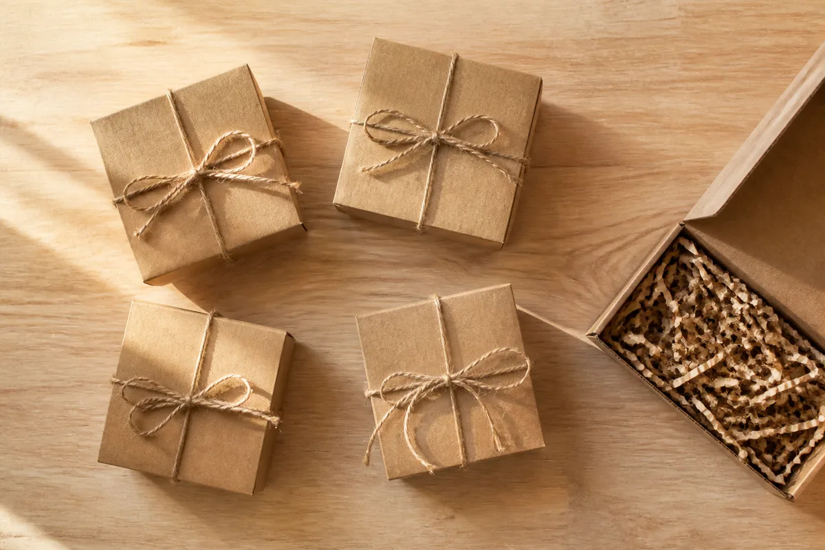 Cartons kraft refermés et ficelés sur un plan de travail en bois, lumière du matin