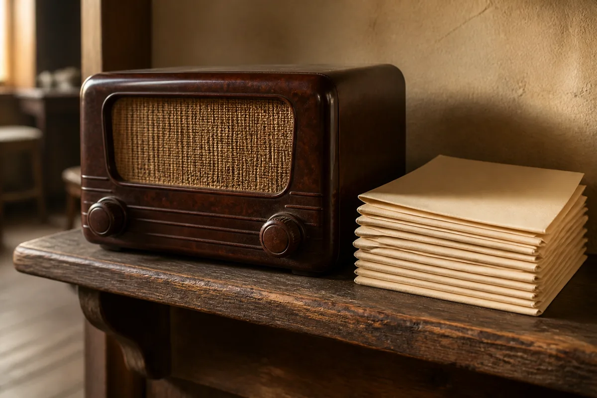Poste de radio ancien en bakélite sur une étagère en bois près de feuillets de papier pliés