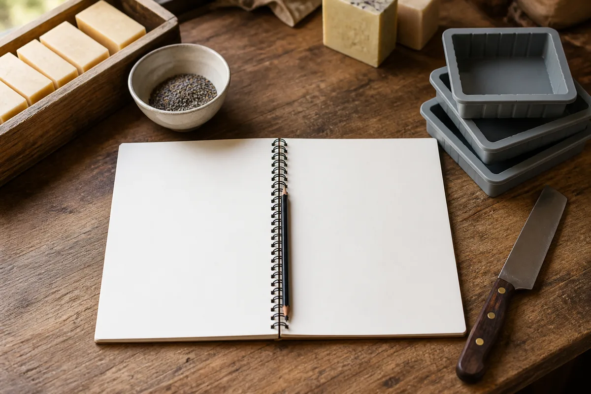 Établi d&rsquo;atelier avec carnet à pages blanches, crayon et moules à savon en silicone