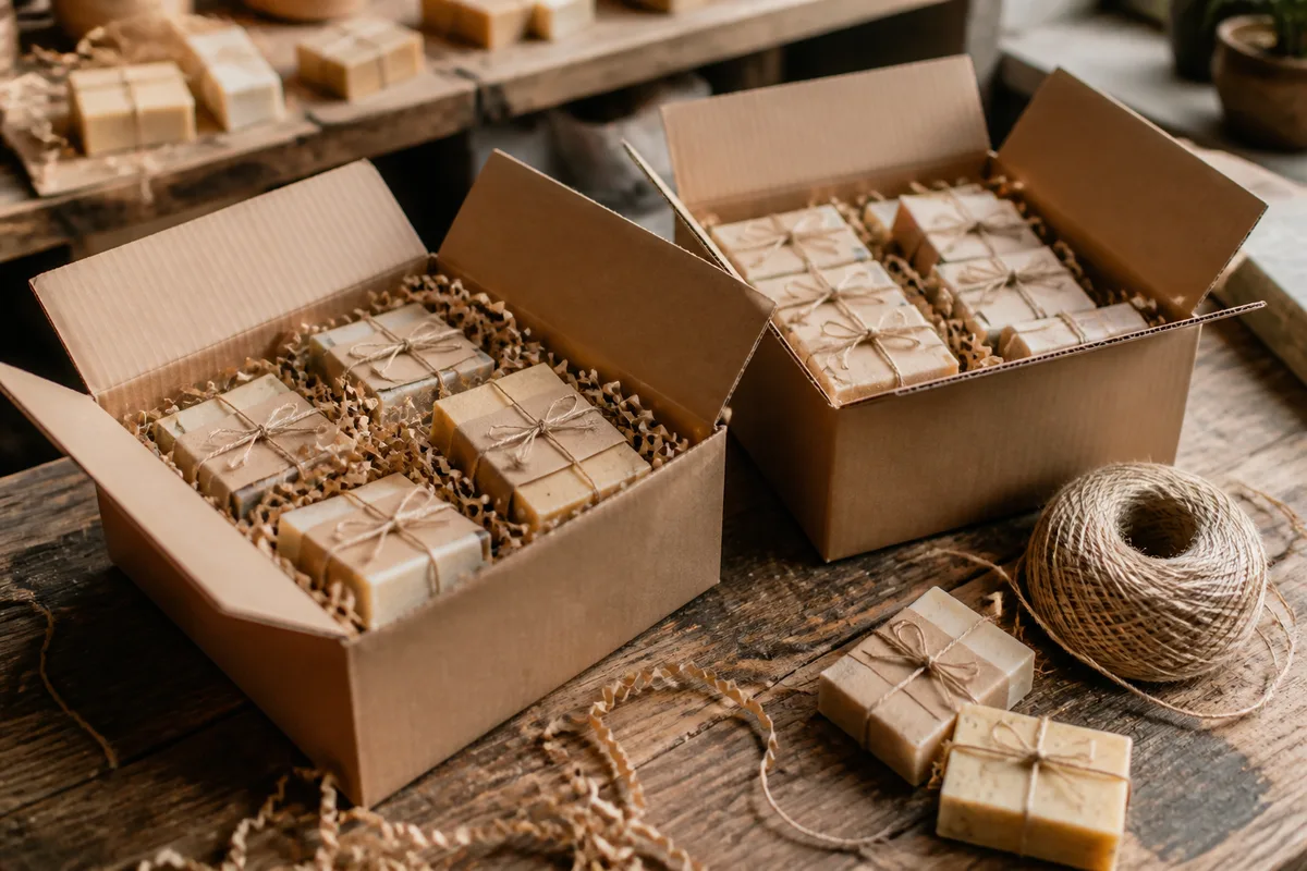 Cartons d&rsquo;expédition ouverts avec savons emballés dans du papier kraft sur un établi