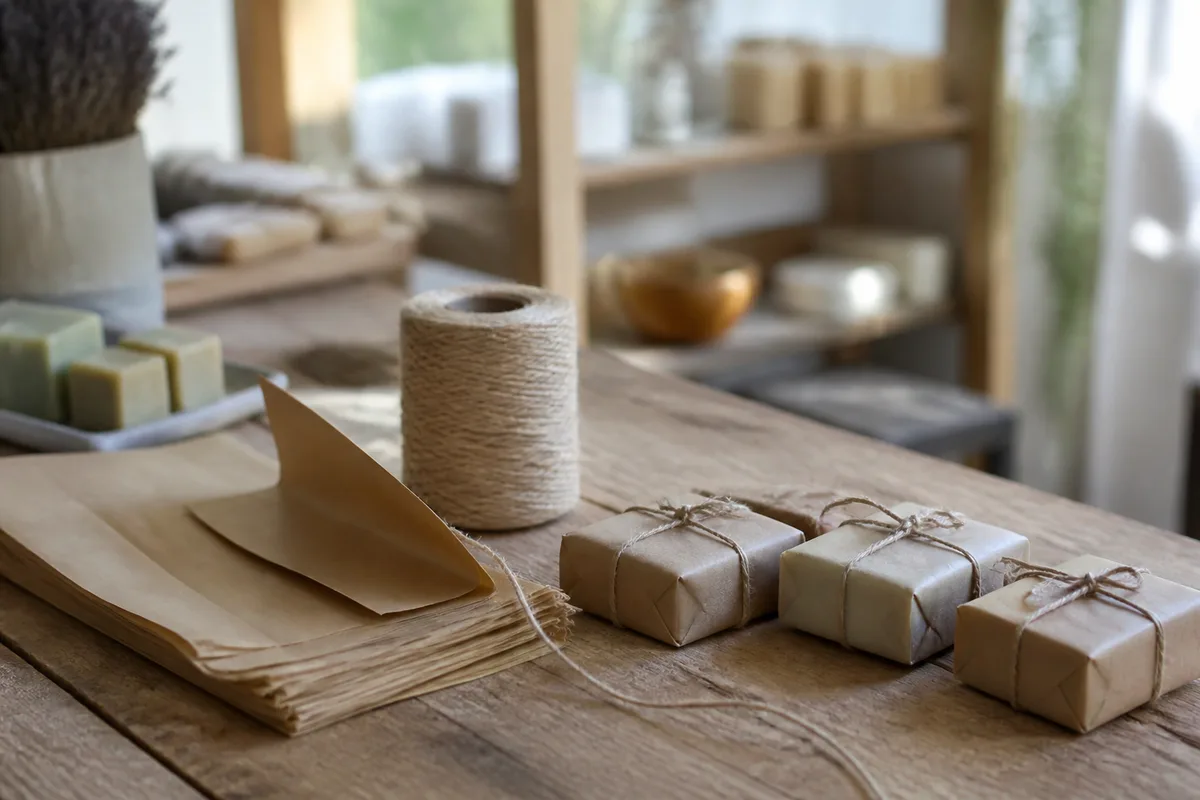 Papier kraft et ficelle posés à côté de savons emballés, atelier lumineux en arrière-plan