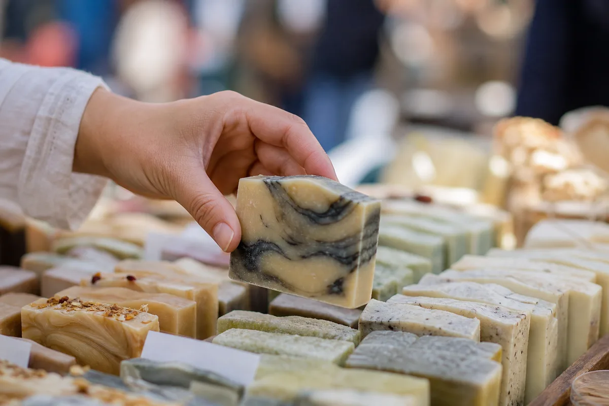 Étal de savons artisanaux colorés sur un marché de plein air, main d’une cliente saisissant une barre