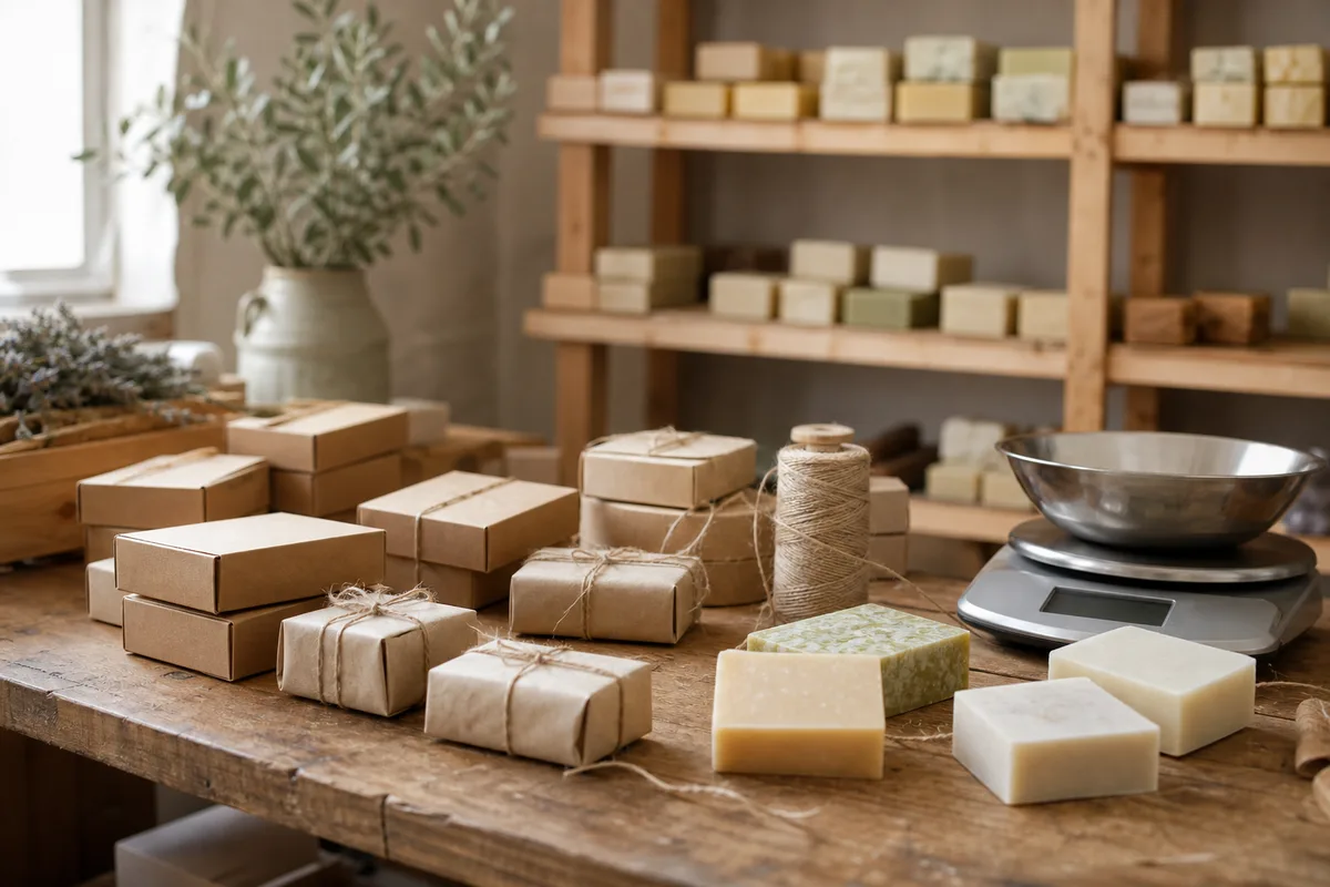 Atelier de savonnerie avec commandes emballées dans des cartons kraft prêtes à expédier